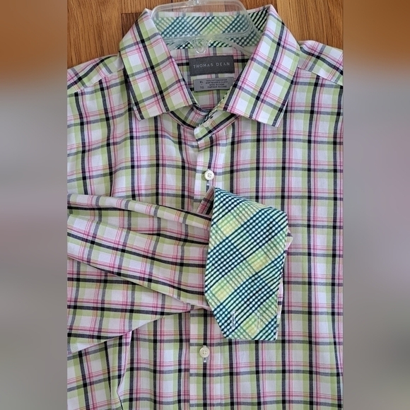 Thomas Dean Other - Thomas Dean Men's XL Flip Cuff Long Sleeve Shirt Gingham Plaid Cotton Dressy
